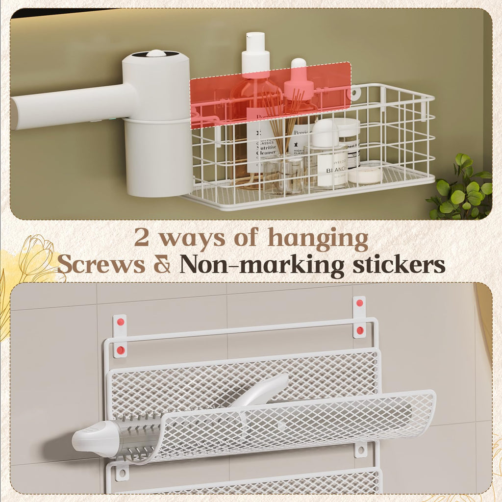 Wall-Mounted Hair Dryer Holder 4-Shelf White M316