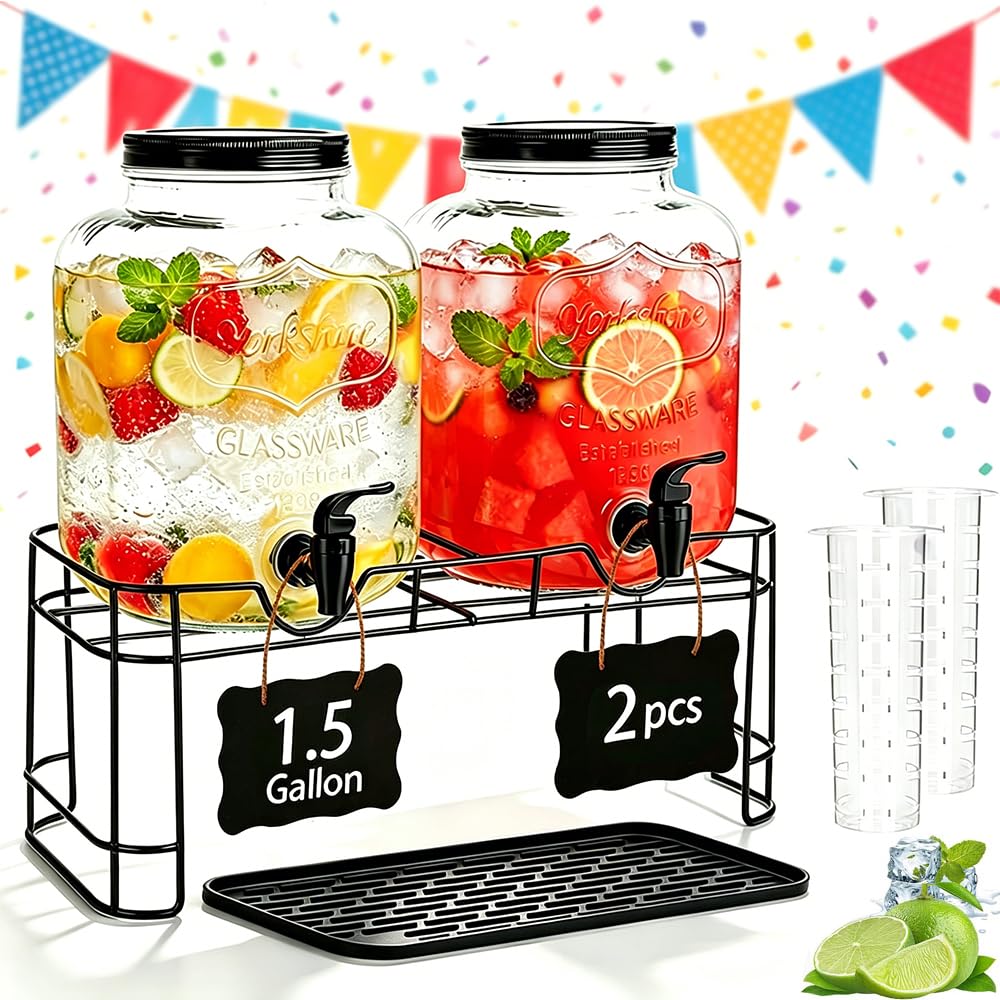 2 Pack 1.5 Gallon Glass Beverage Dispenser with Stand W17073