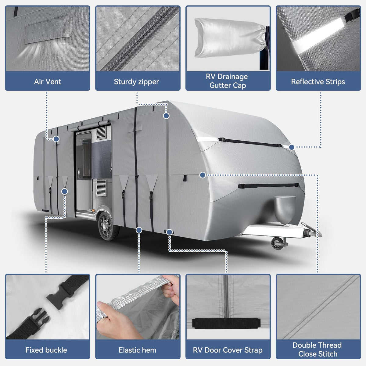 300D Oxford 27-30ft Camper Cover with Jack Cover, 4 Tire Covers and Gutter Cover O302