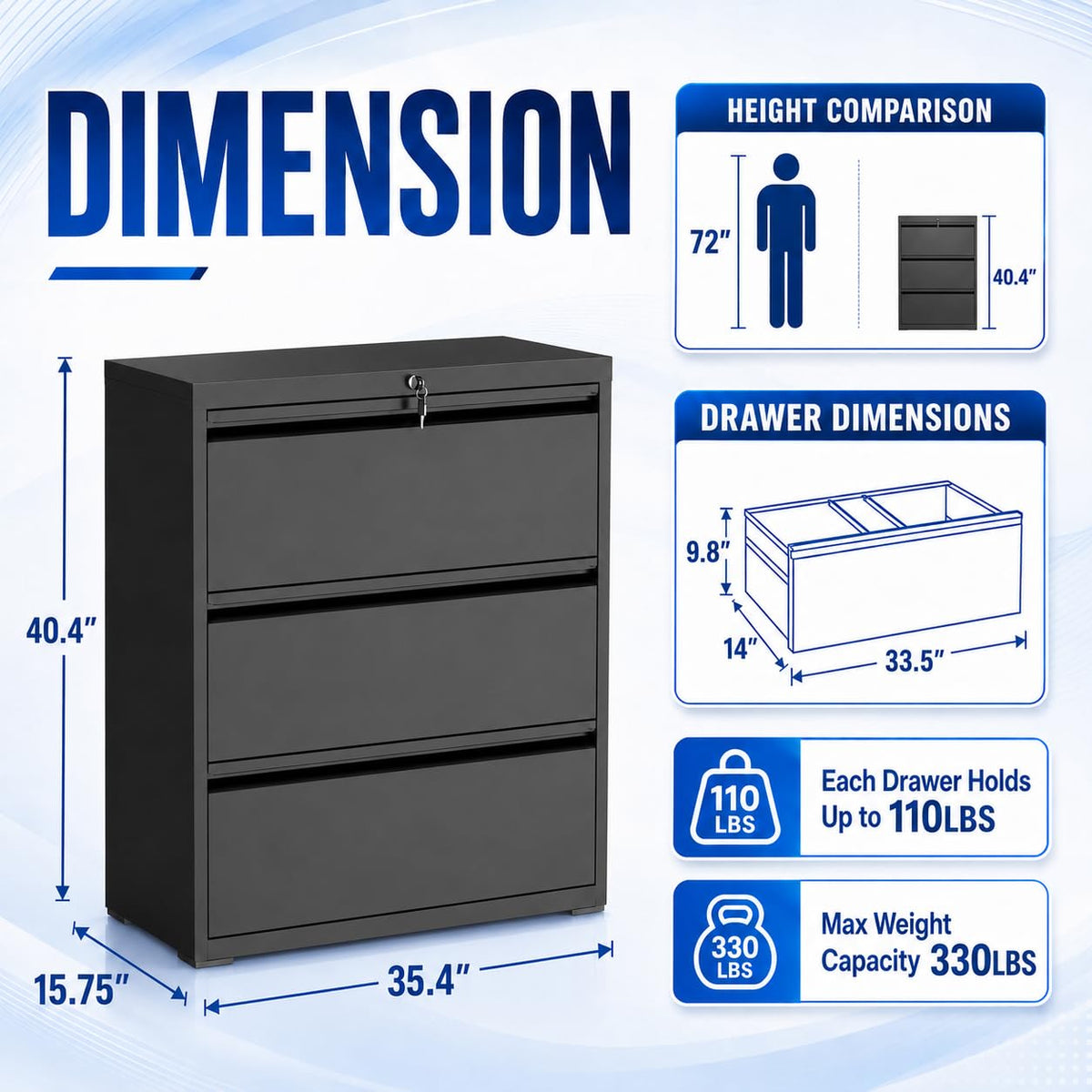 Black 3 Drawer Metal File Cabinet with Lock L5334