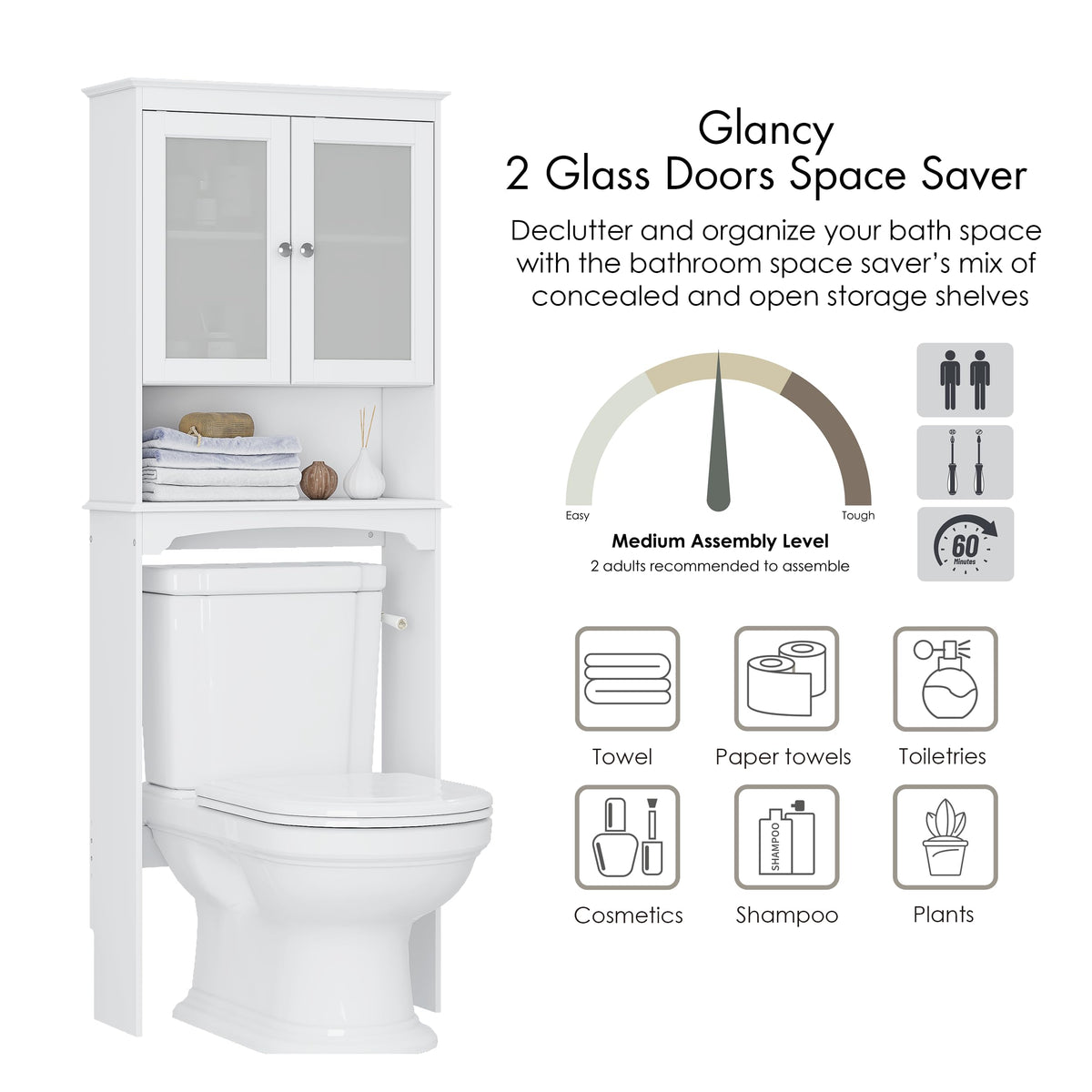 Over the Toilet Storage Cabinet with Tempered Glass Doors V22724