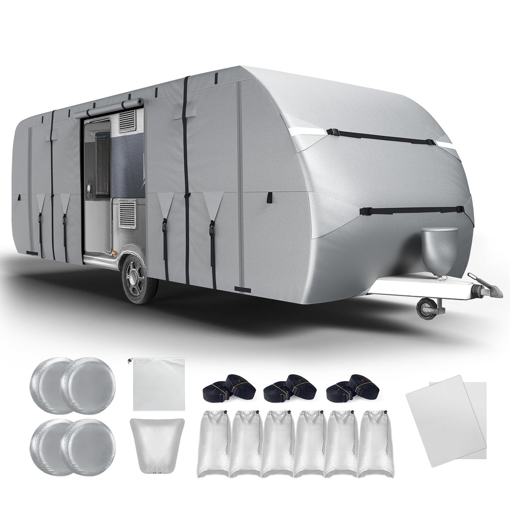 300D Oxford 27-30ft Camper Cover with Jack Cover, 4 Tire Covers and Gutter Cover O302