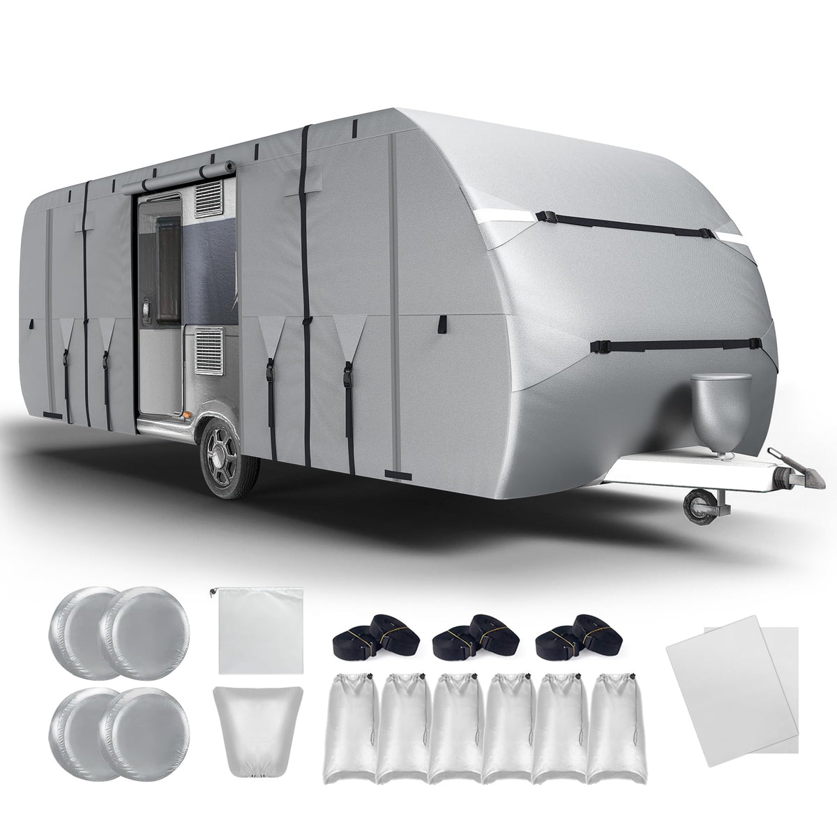 300D Oxford 27-30ft Camper Cover with Jack Cover, 4 Tire Covers and Gutter Cover O302