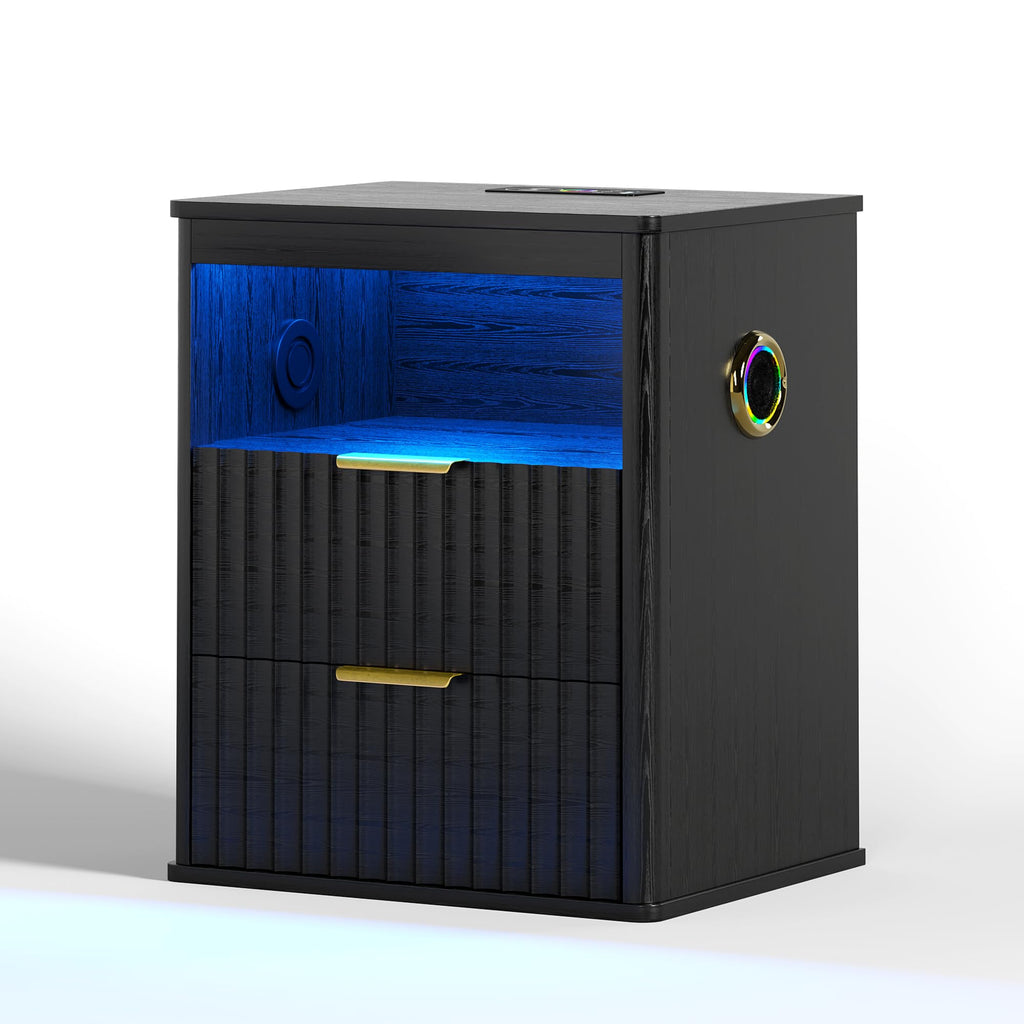 Black Smart Nightstand with Bluetooth Speaker, LED Lights, Wireless Charging, 2 Drawers & Open Shelf K87791