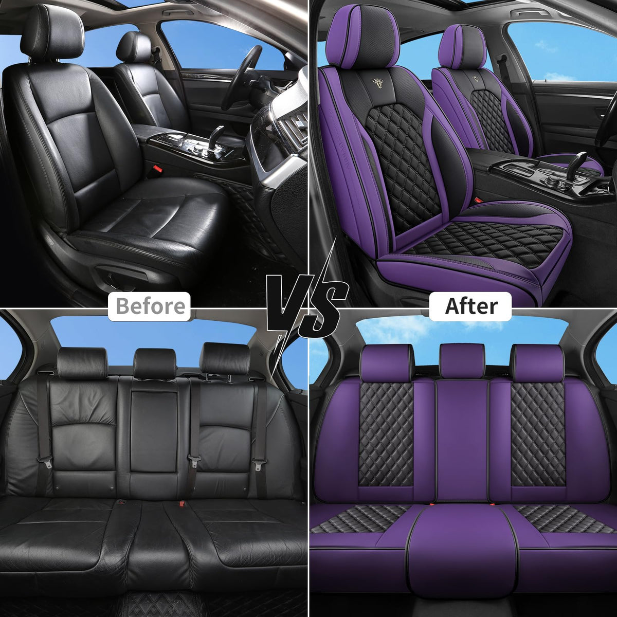 Purple Black Leather Car Seat Covers Full Set L991