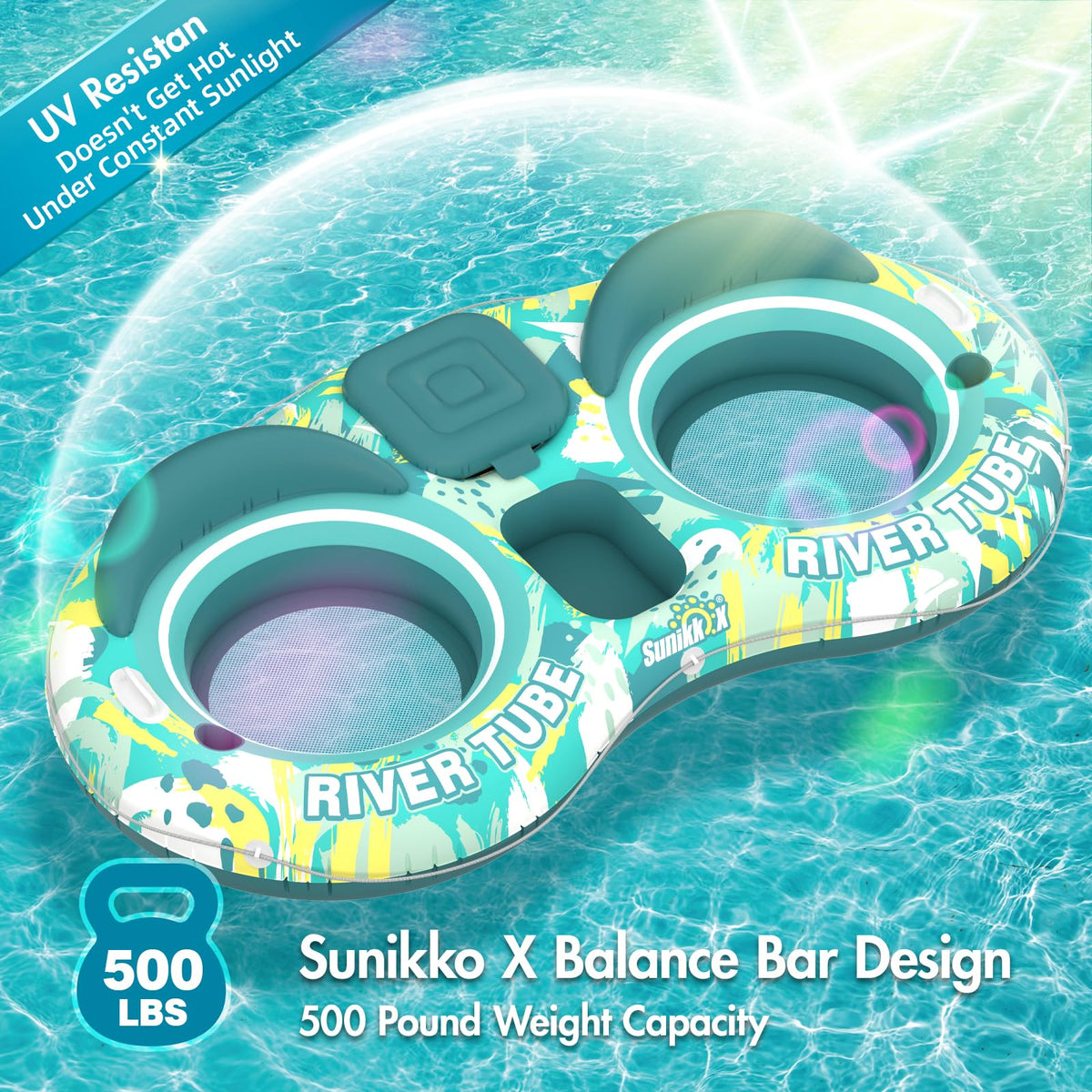 5-in-1 Pool Floats 2 Person River Tube with Backrests Built-in Cooler C1826