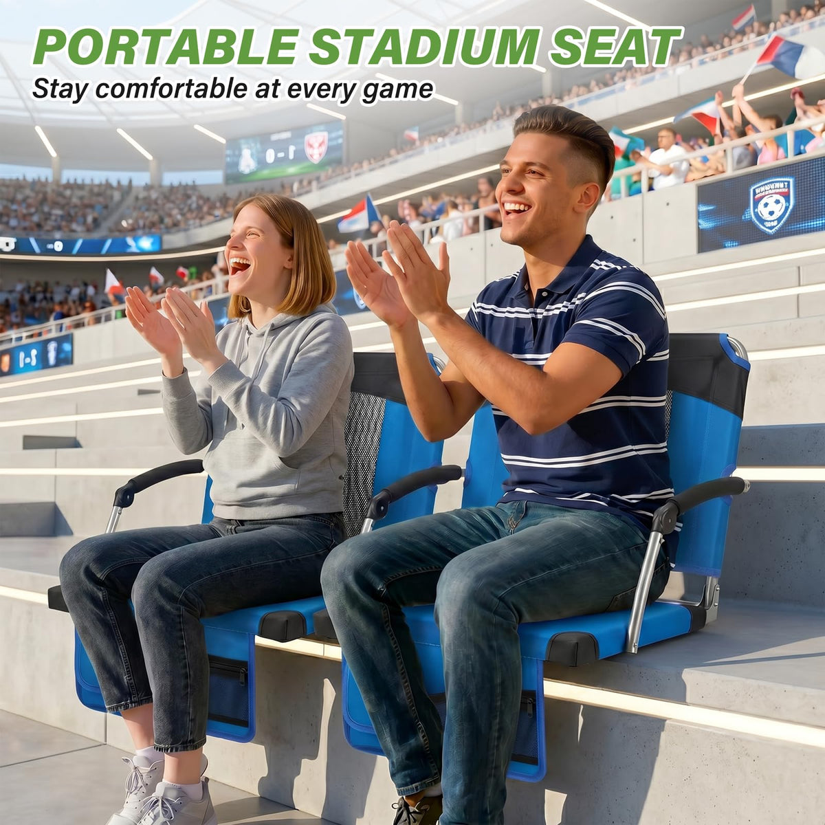 2 Pack Blue Stadium Seats with Back Support & Armrests E5921