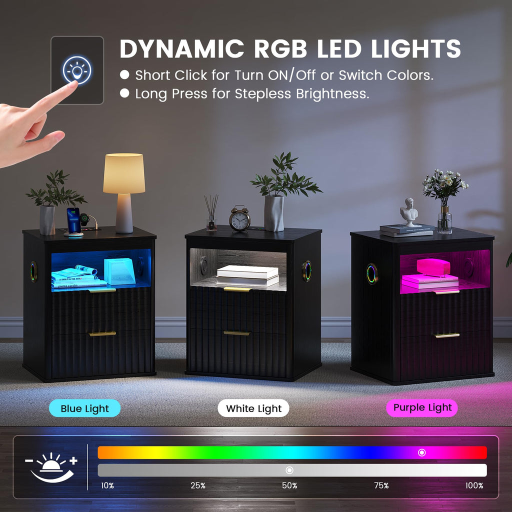 Black Smart Nightstand with Bluetooth Speaker, LED Lights, Wireless Charging, 2 Drawers & Open Shelf K87791
