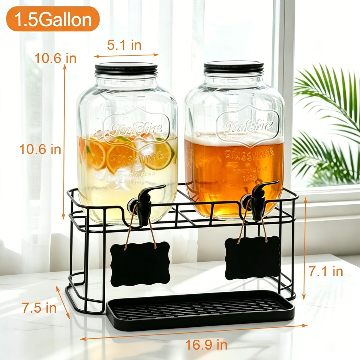2 Pack 1.5 Gallon Glass Beverage Dispenser with Stand W17073