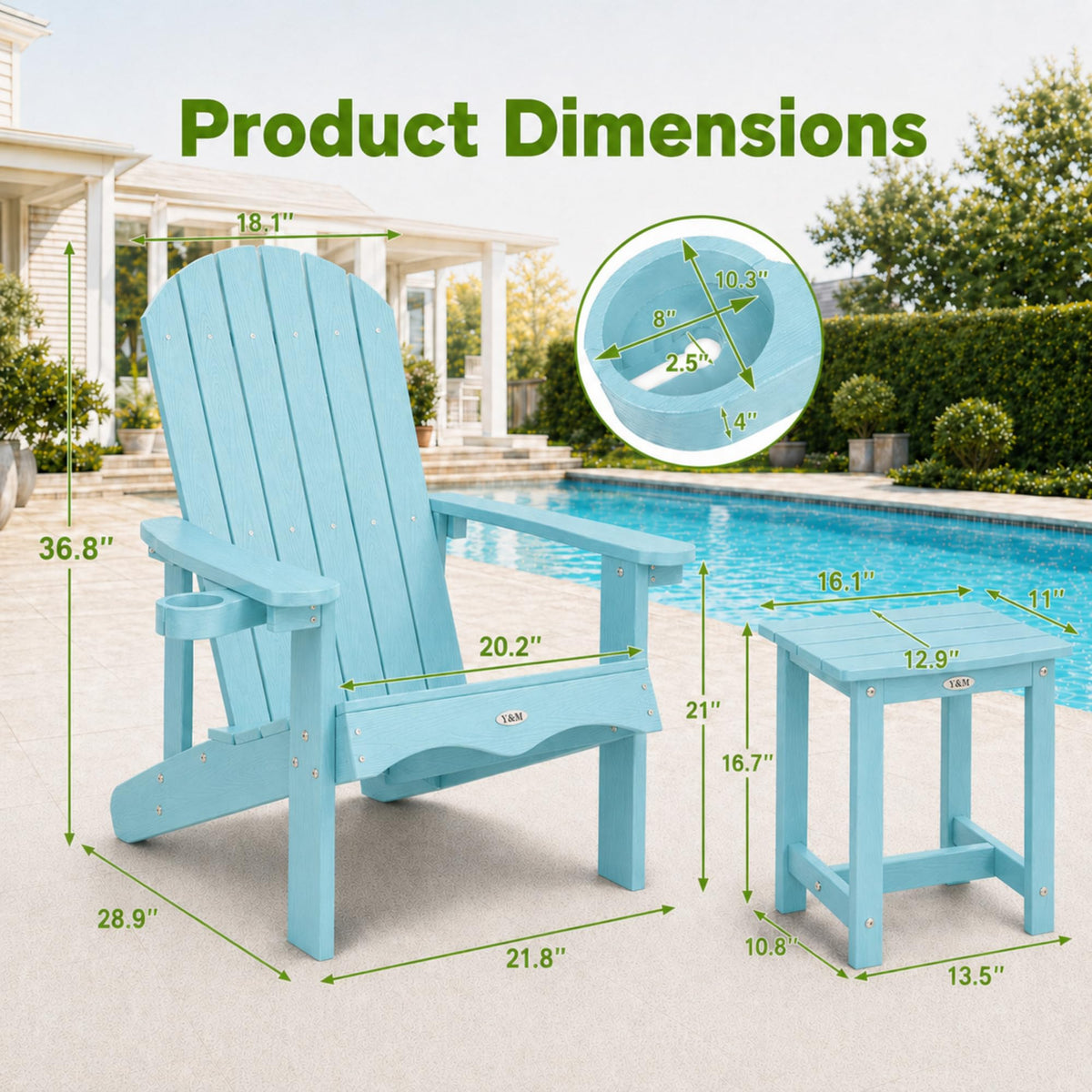 Light Blue HDPE Adirondack Chair Set of 2 with Side Table X436