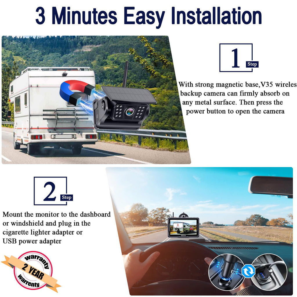 Wireless Solar Magnetic Backup Camera HD 1080P 5'' Monitor Kit T86158