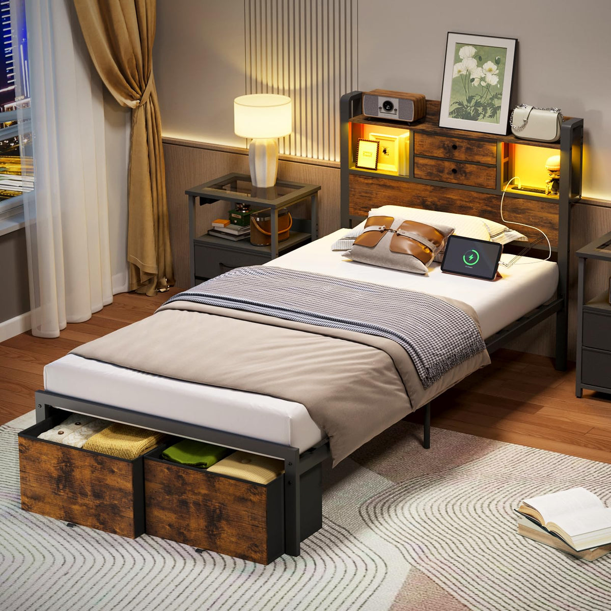 Twin Size Bed Frame with Storage L660