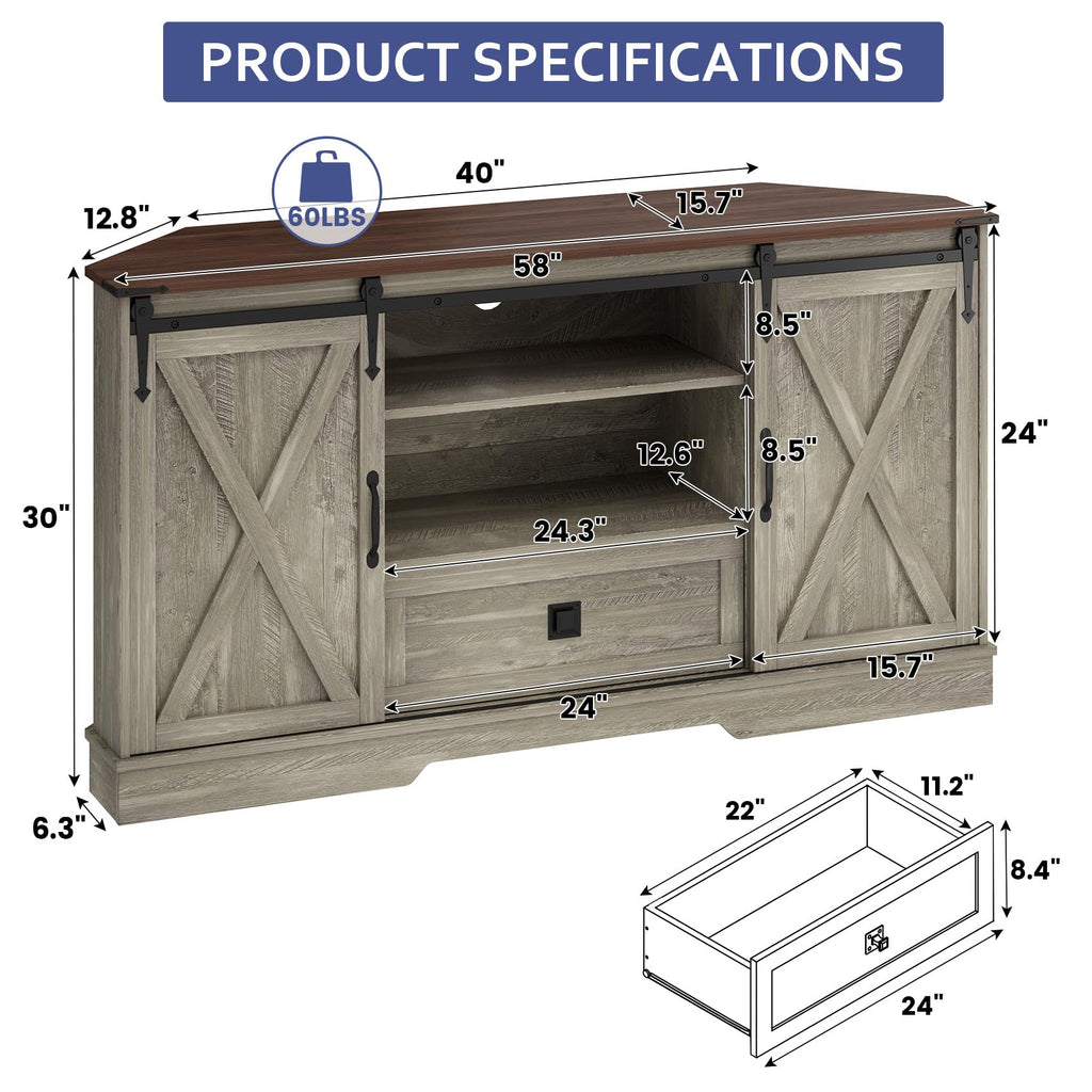 Corner TV Stand with Sliding Barn Door & Removable Shelves V90834