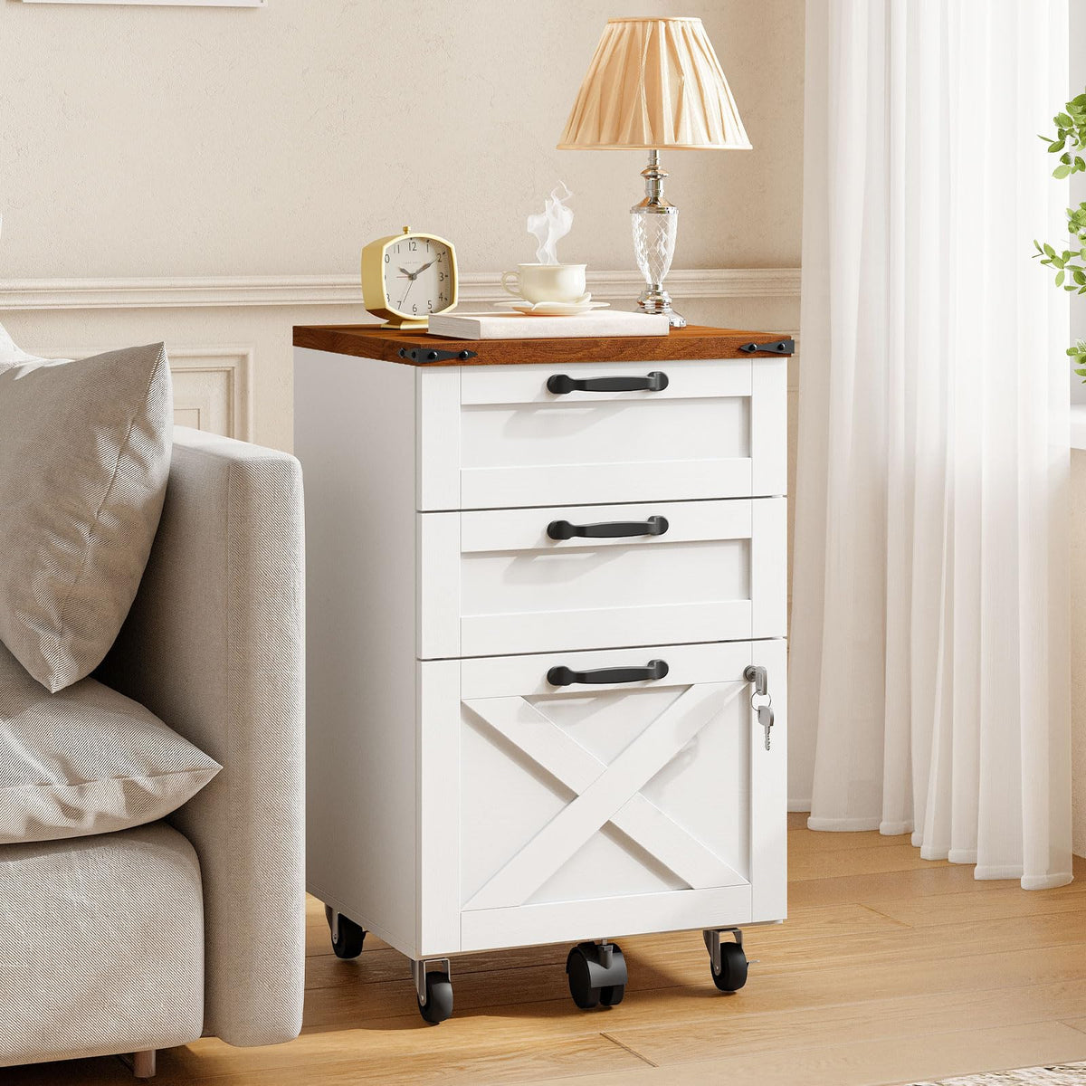 3 Drawer File Cabinet with Lock, Mobile Rolling Office Cabinet, White and Walnut E861521