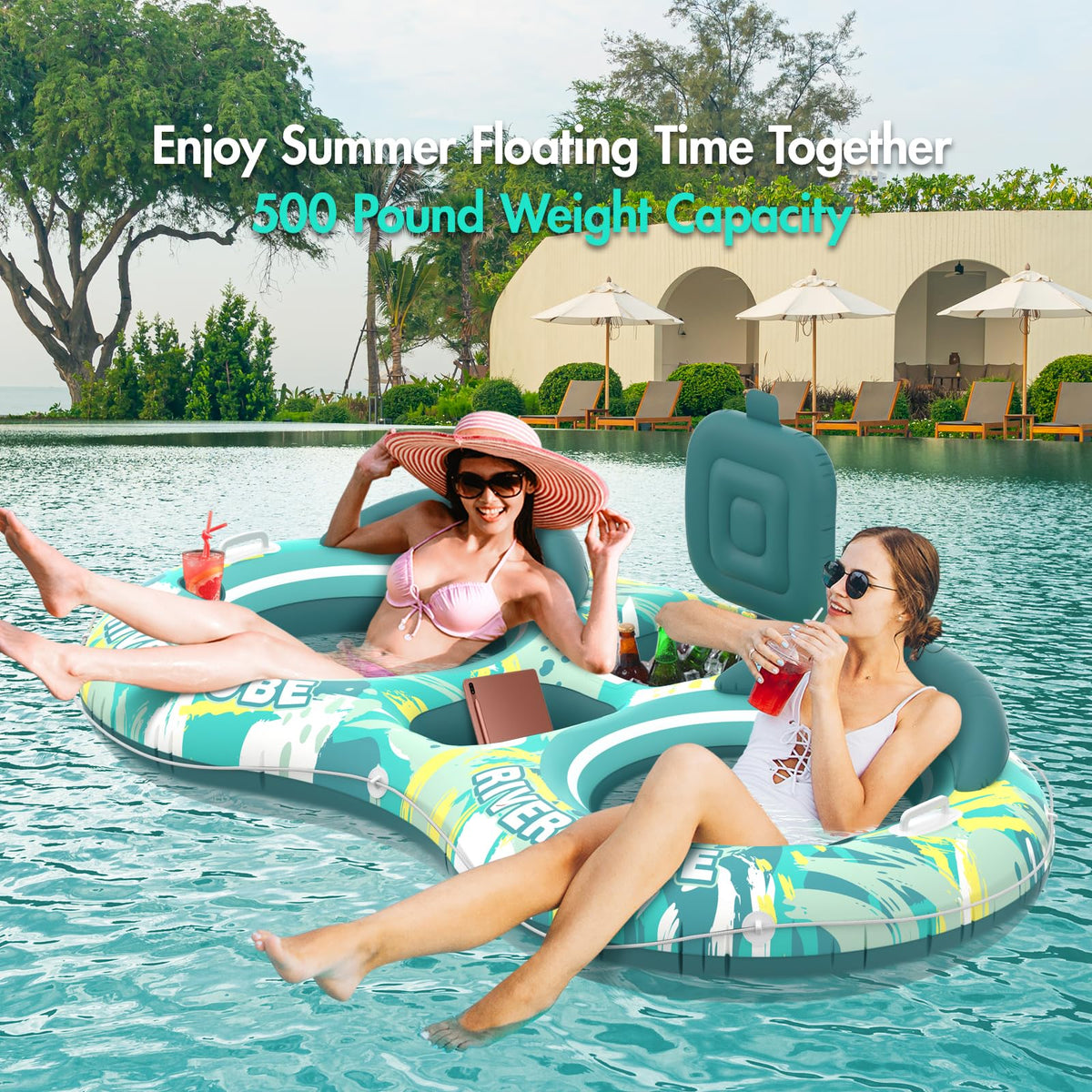 5-in-1 Pool Floats 2 Person River Tube with Backrests Built-in Cooler C1826