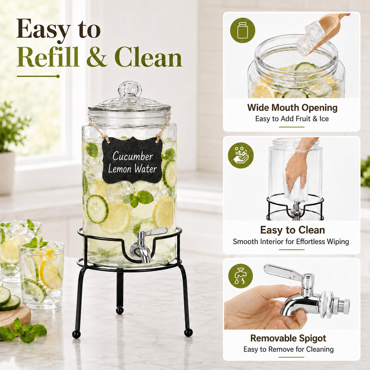 1 Gallon Clear Glass Beverage Dispenser with Stand K399