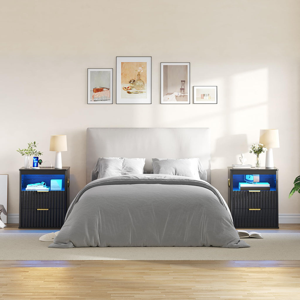 Black Smart Nightstand with Bluetooth Speaker, LED Lights, Wireless Charging, 2 Drawers & Open Shelf K87791