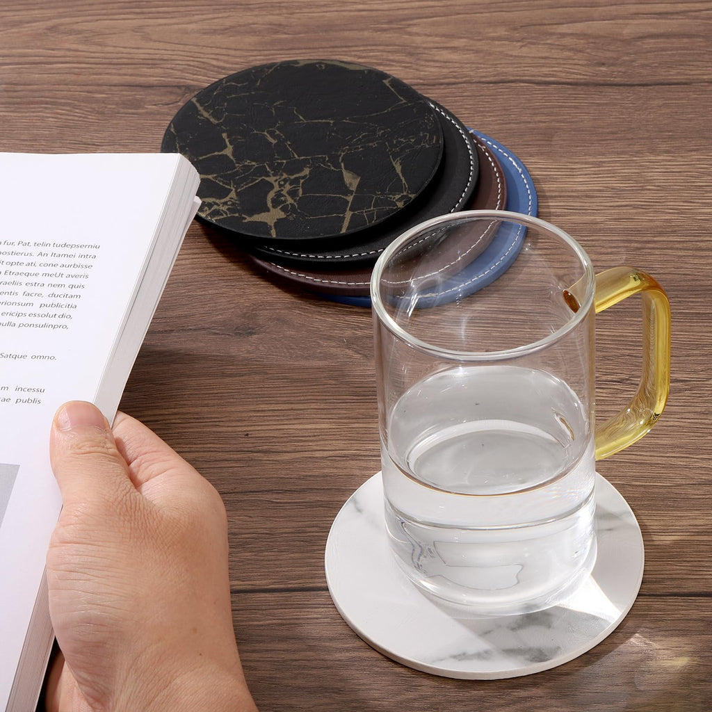 Round Drink Coasters Set of 6 Dual Sided Non-Slip Waterproof Leather Q218