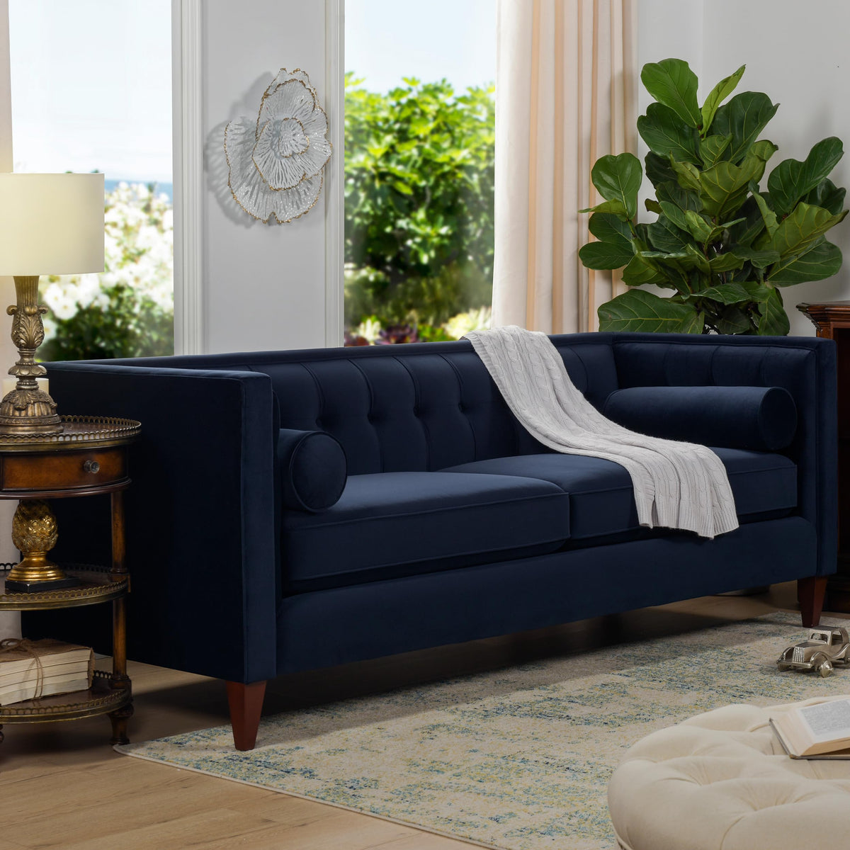 Dark Navy Blue Performance Velvet Tufted Sofa Q50070