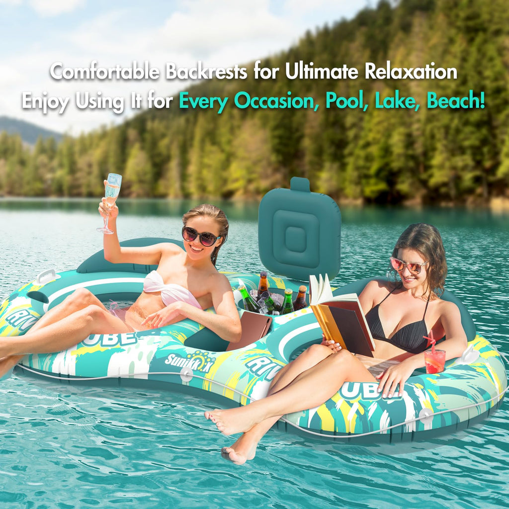5-in-1 Pool Floats 2 Person River Tube with Backrests Built-in Cooler C1826