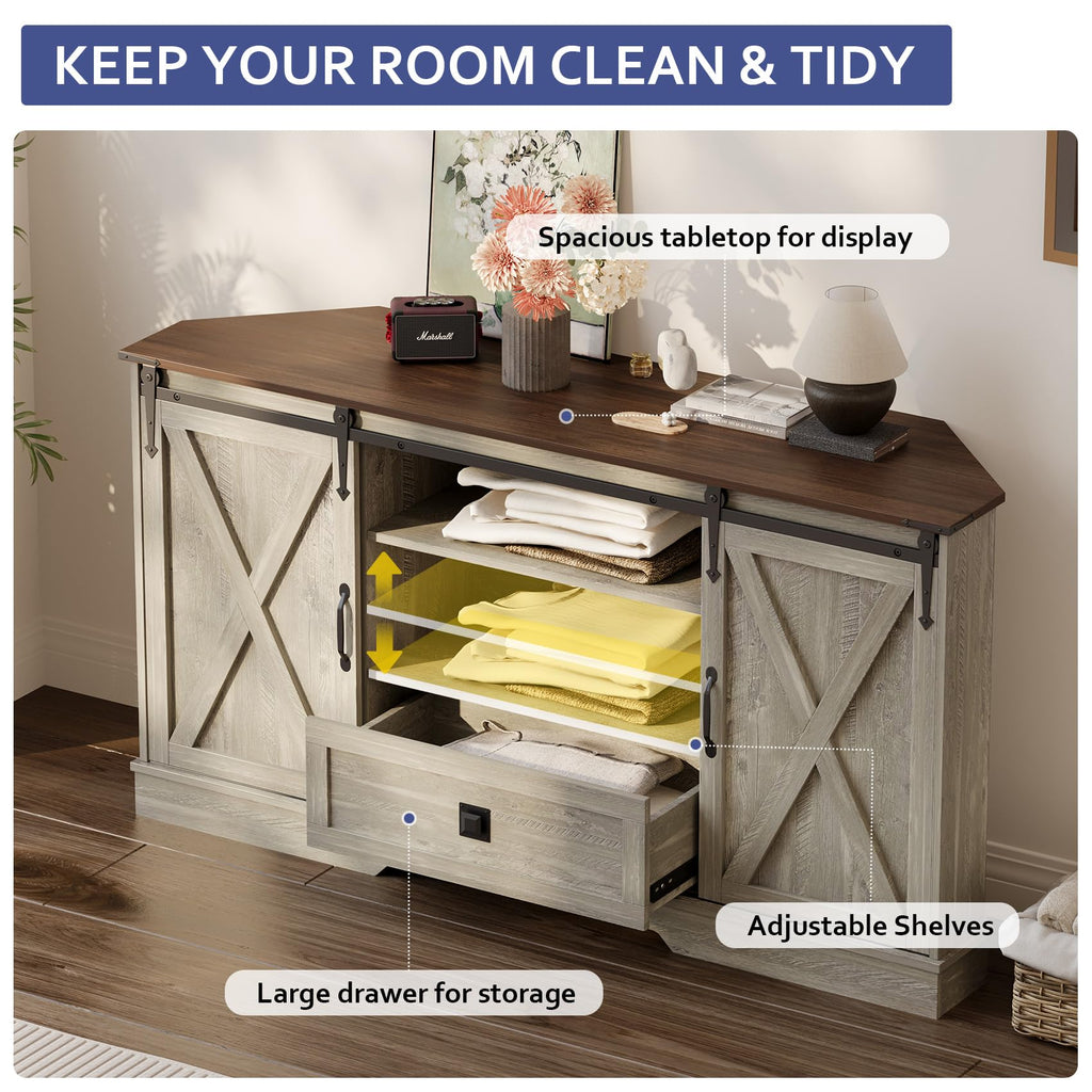 Corner TV Stand with Sliding Barn Door & Removable Shelves V90834