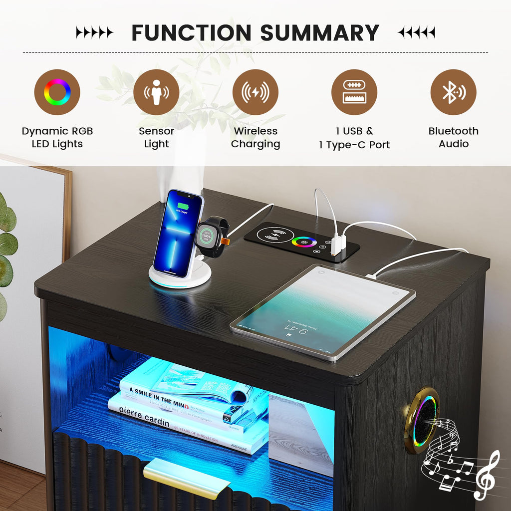 Black Smart Nightstand with Bluetooth Speaker, LED Lights, Wireless Charging, 2 Drawers & Open Shelf K87791