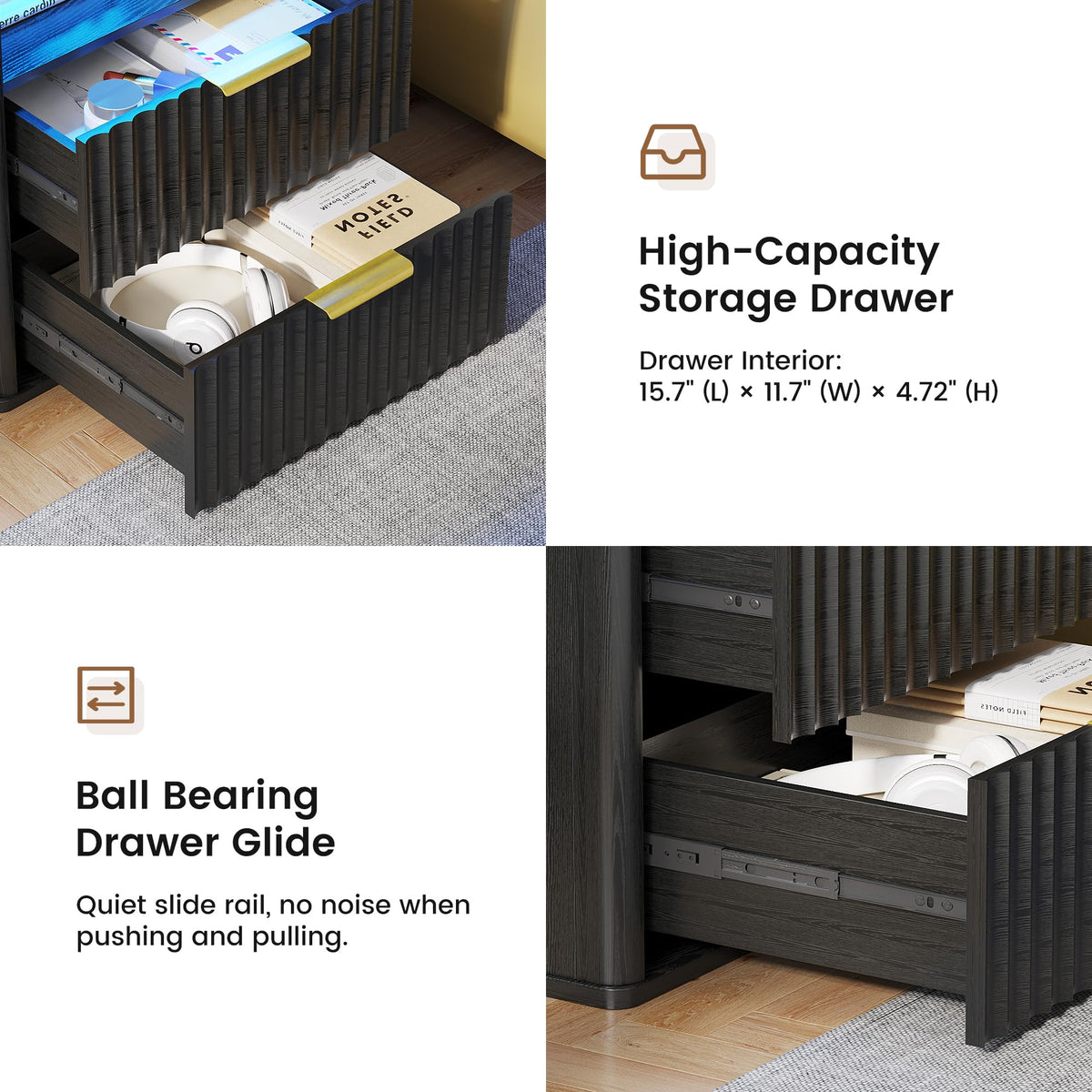 Black Smart Nightstand with Bluetooth Speaker, LED Lights, Wireless Charging, 2 Drawers & Open Shelf K87791
