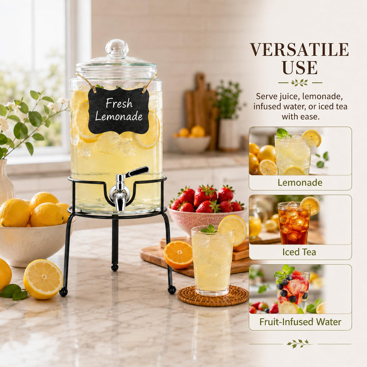 1 Gallon Clear Glass Beverage Dispenser with Stand K399
