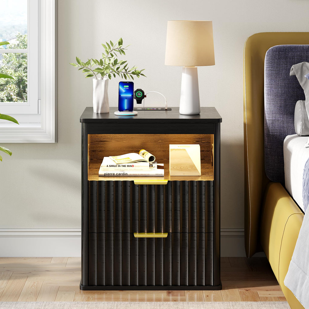 Black Smart Nightstand with Bluetooth Speaker, LED Lights, Wireless Charging, 2 Drawers & Open Shelf K87791