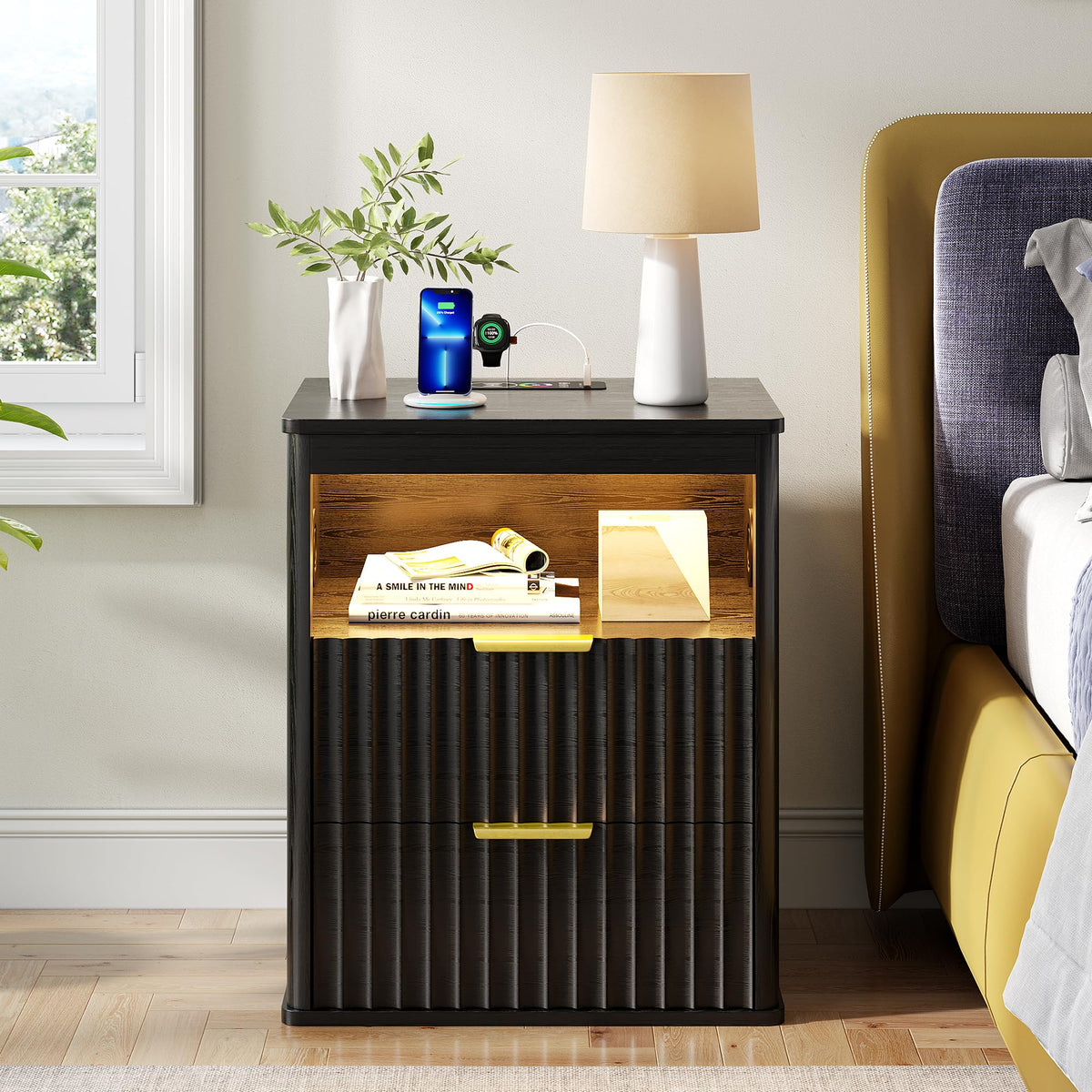 Black Smart Nightstand with Bluetooth Speaker, LED Lights, Wireless Charging, 2 Drawers & Open Shelf K87791