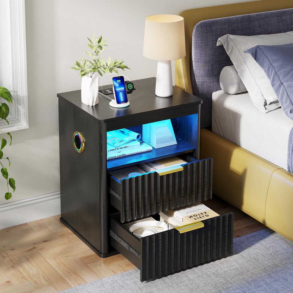 Black Smart Nightstand with Bluetooth Speaker, LED Lights, Wireless Charging, 2 Drawers & Open Shelf K87791