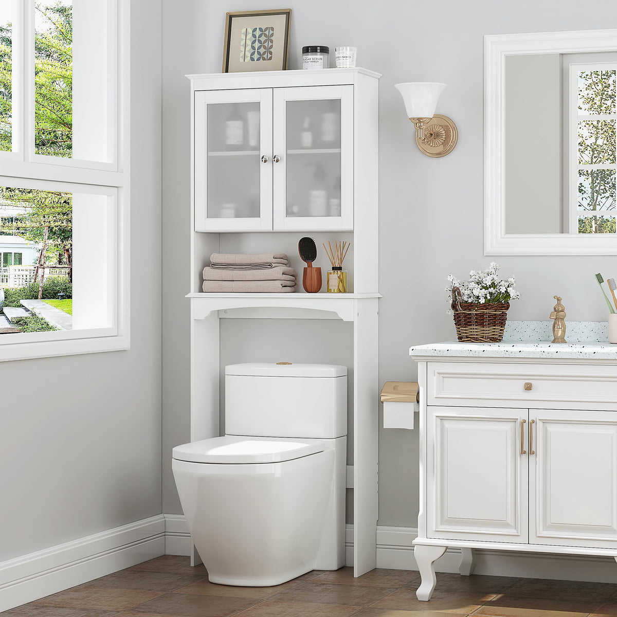 Over the Toilet Storage Cabinet with Tempered Glass Doors V22724