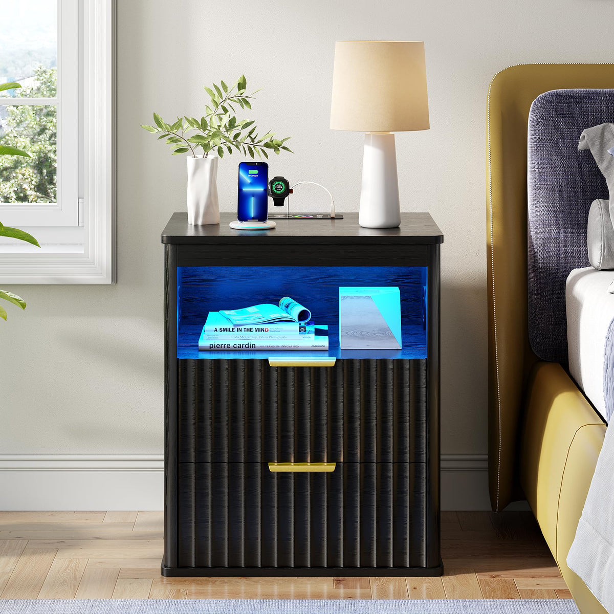 Black Smart Nightstand with Bluetooth Speaker, LED Lights, Wireless Charging, 2 Drawers & Open Shelf K87791